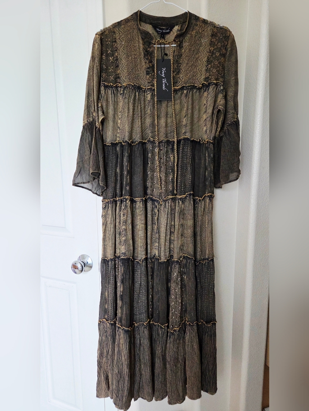 NWT YOUNG THREADS Bohemian Patchwork Style Tiered Flowy Maxi Dress Size S